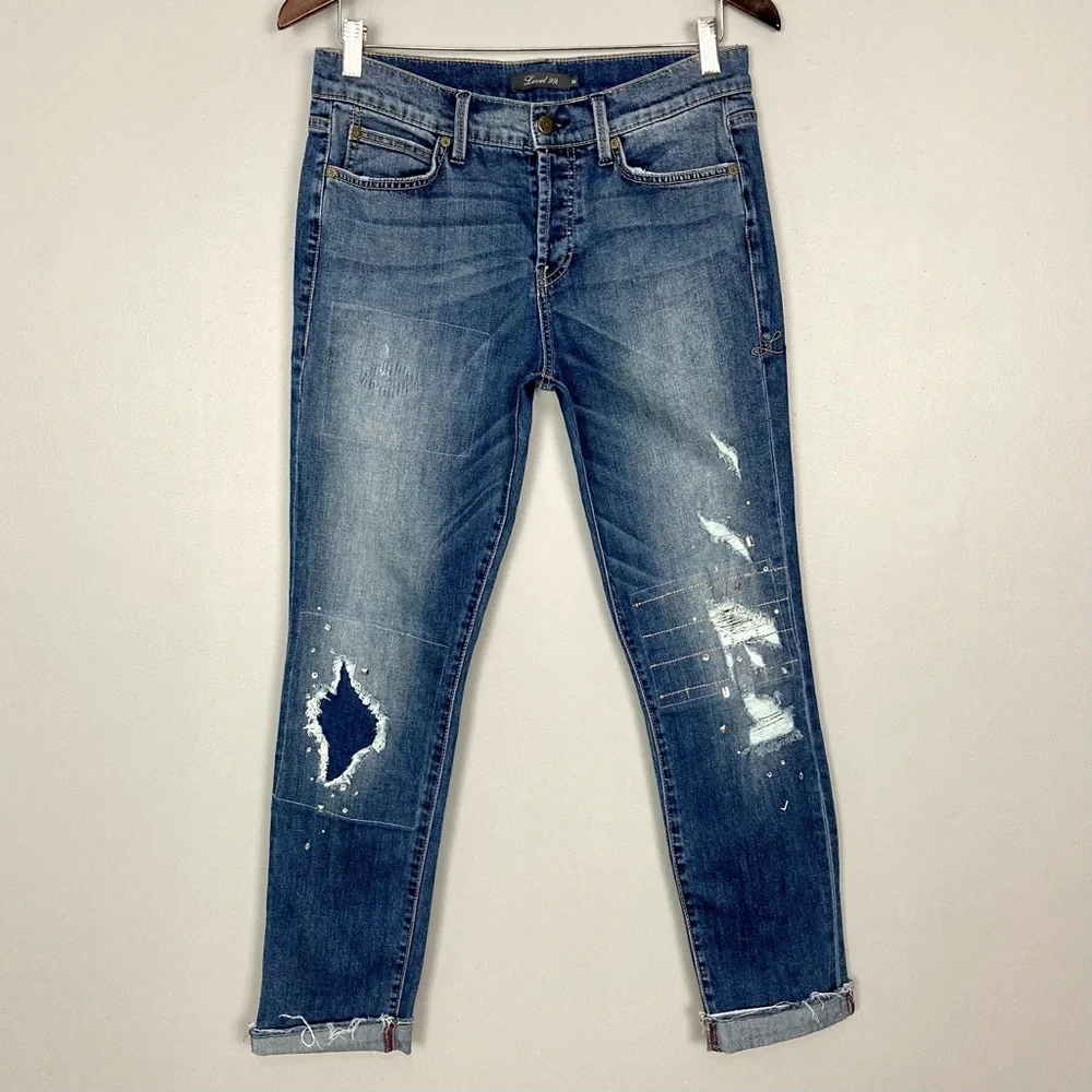 LEVEL 99 Morgan Slouchy Straight Jeans Women’s Size 26 Rhinestone Patched Denim